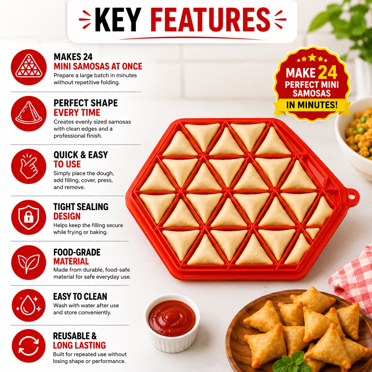 Samosa Maker Tray (Makes 24 Mini Samosas) - Quick & Easy Samosa Mould