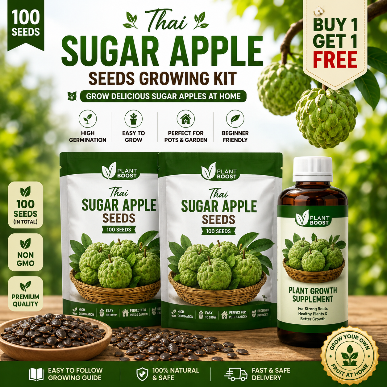 Thai Sugar Apple Seeds Growing Kit 🌱 Buy 1 Get 1 Free