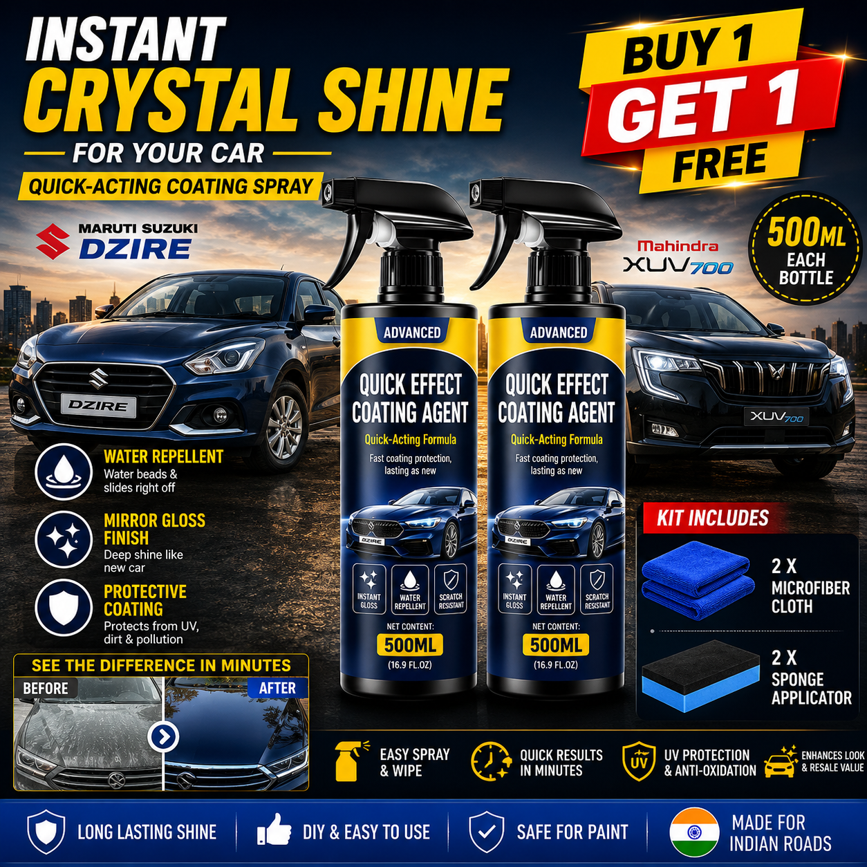 Advanced Car Quick-Acting Coating Agent Spray Kit 🚗✨ | Instant Mirror Shine & Protective Coating | BUY 1 GET 1 FREE | 500ML Each Bottle