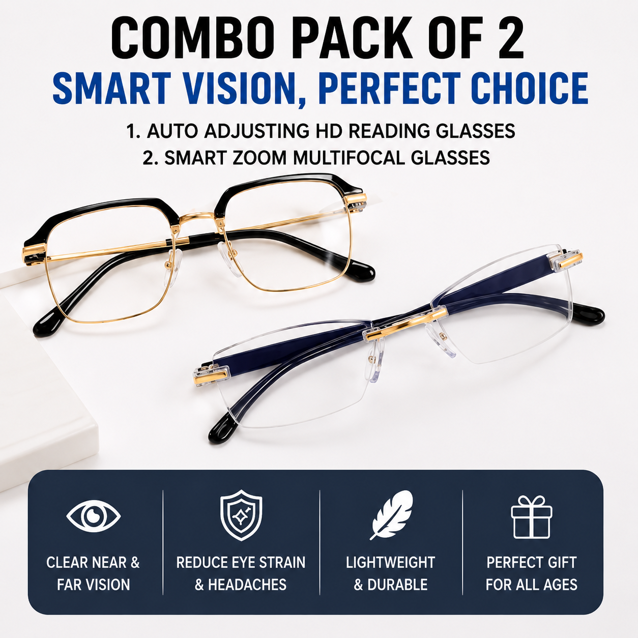 Smart Zoom Multifocal Glasses Combo Pack of 2 – Auto Adjusting HD Reading + Multifocal Vision Glasses