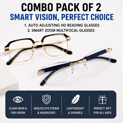 Smart Zoom Multifocal Glasses Combo Pack of 2 – Auto Adjusting HD Reading + Multifocal Vision Glasses