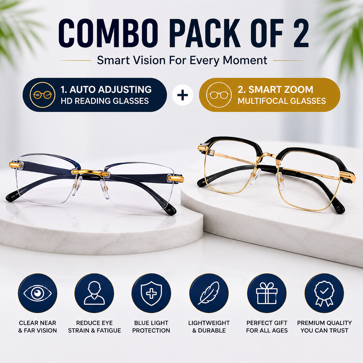 Smart Zoom Multifocal Glasses Combo Pack of 2 – Auto Adjusting HD Reading + Multifocal Vision Glasses