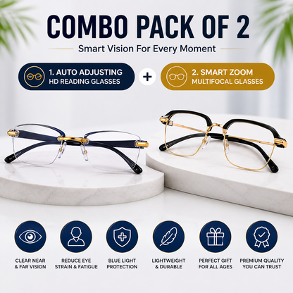 Smart Zoom Multifocal Glasses Combo Pack of 2 – Auto Adjusting HD Reading + Multifocal Vision Glasses