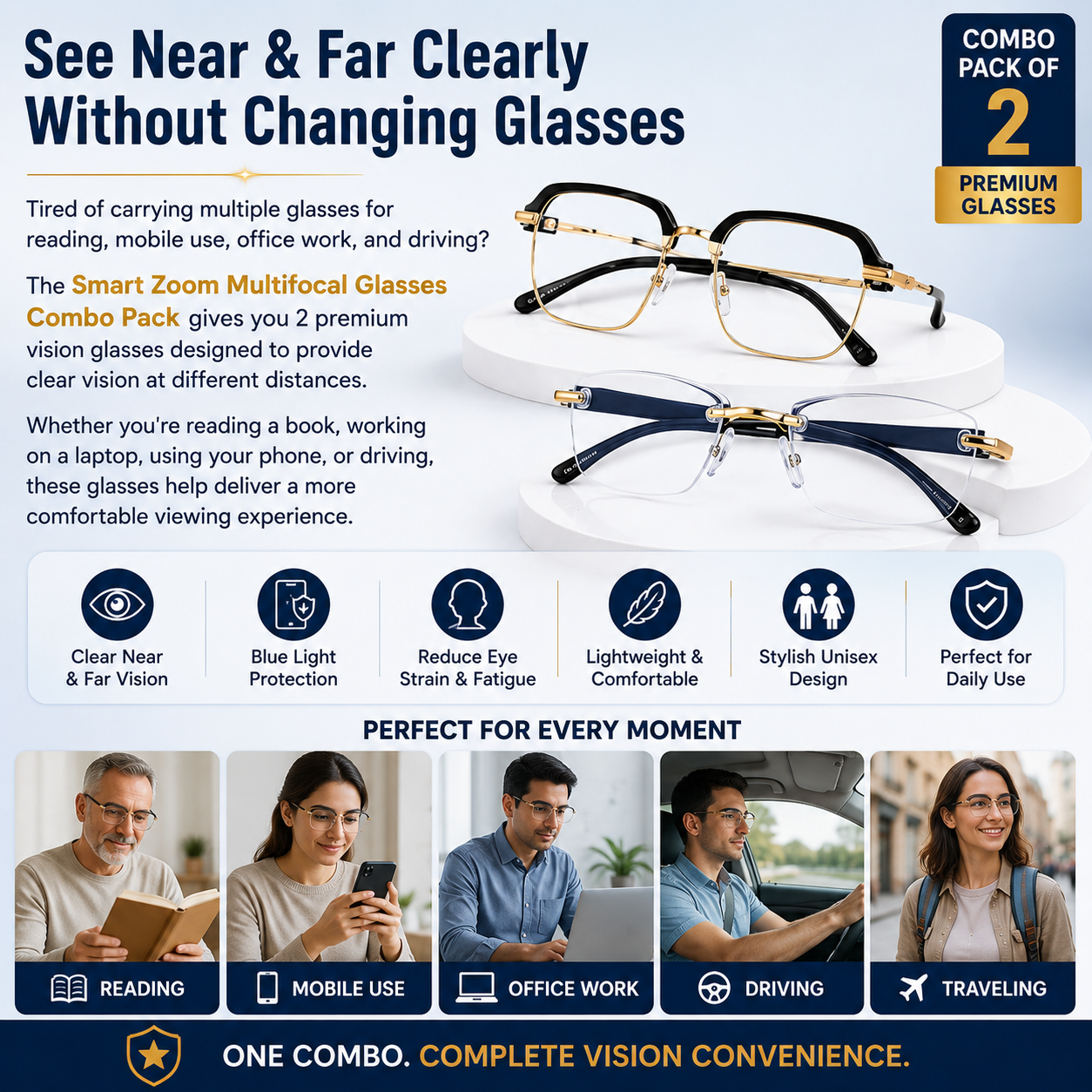 Smart Zoom Multifocal Glasses Combo Pack of 2 – Auto Adjusting HD Reading + Multifocal Vision Glasses