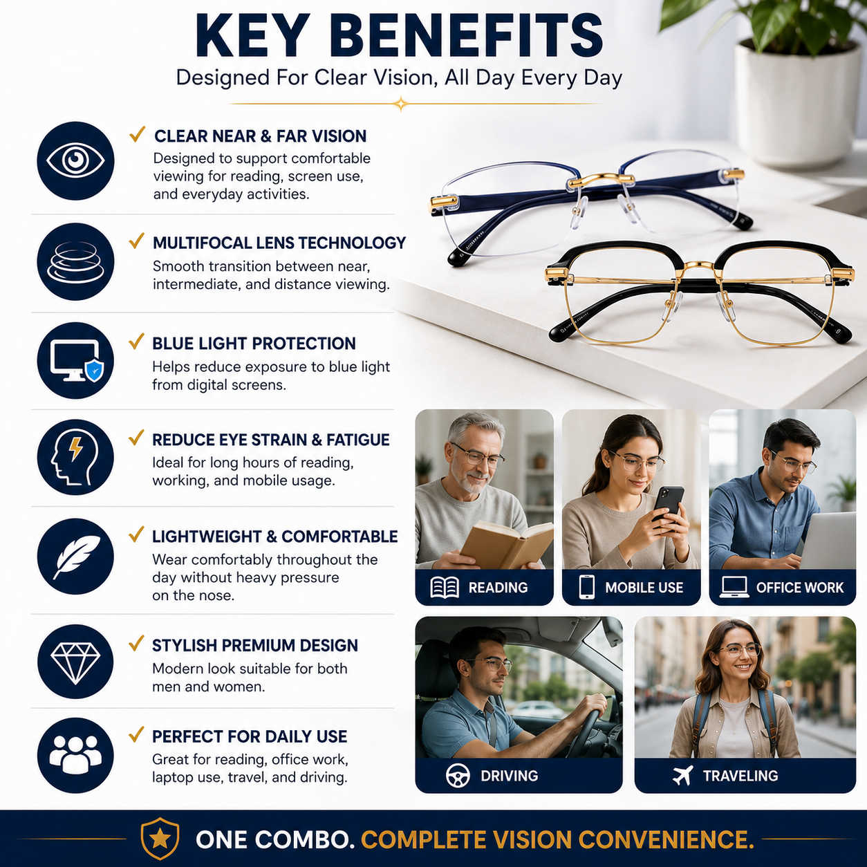 Smart Zoom Multifocal Glasses Combo Pack of 2 – Auto Adjusting HD Reading + Multifocal Vision Glasses