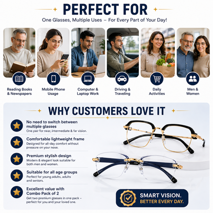 Smart Zoom Multifocal Glasses Combo Pack of 2 – Auto Adjusting HD Reading + Multifocal Vision Glasses